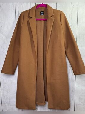 Zara Camel Longline Coat Size M Open Front Minimalist Quiet Luxury Classic Fall